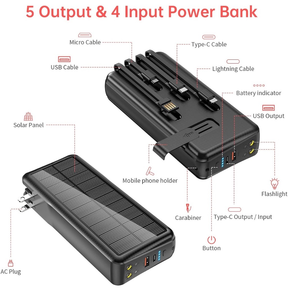 Black Solar Power Bank with Multiple Outputs